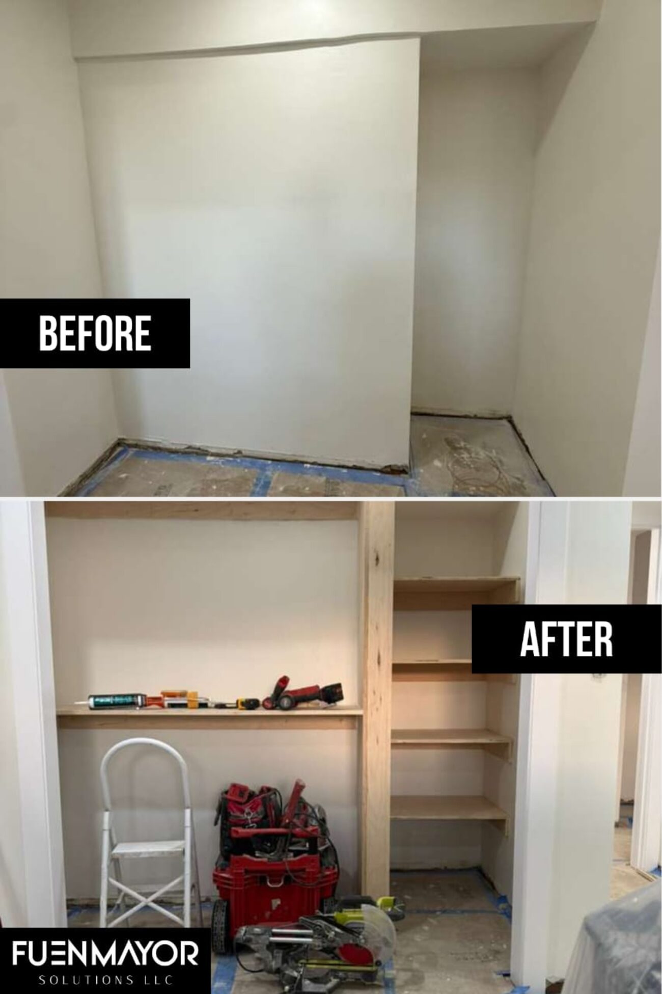Before and after — custom built-in closet shelving by FF Solutions, NYC